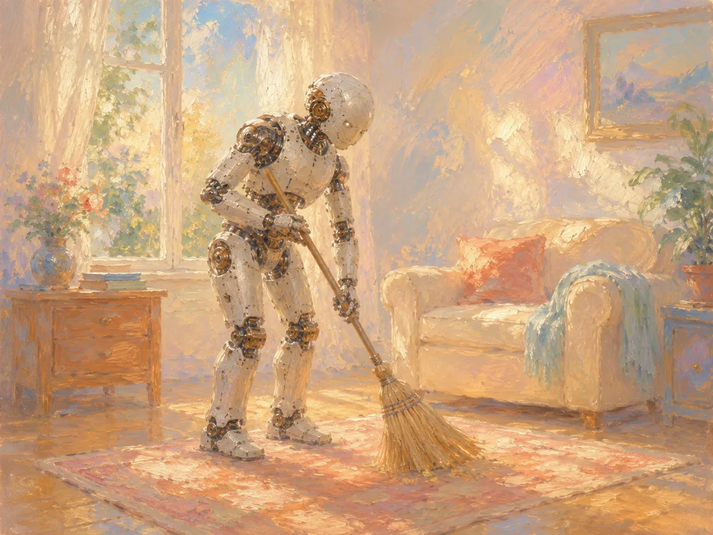 Painting of a robot sweeping a sunlit living room with a straw broom