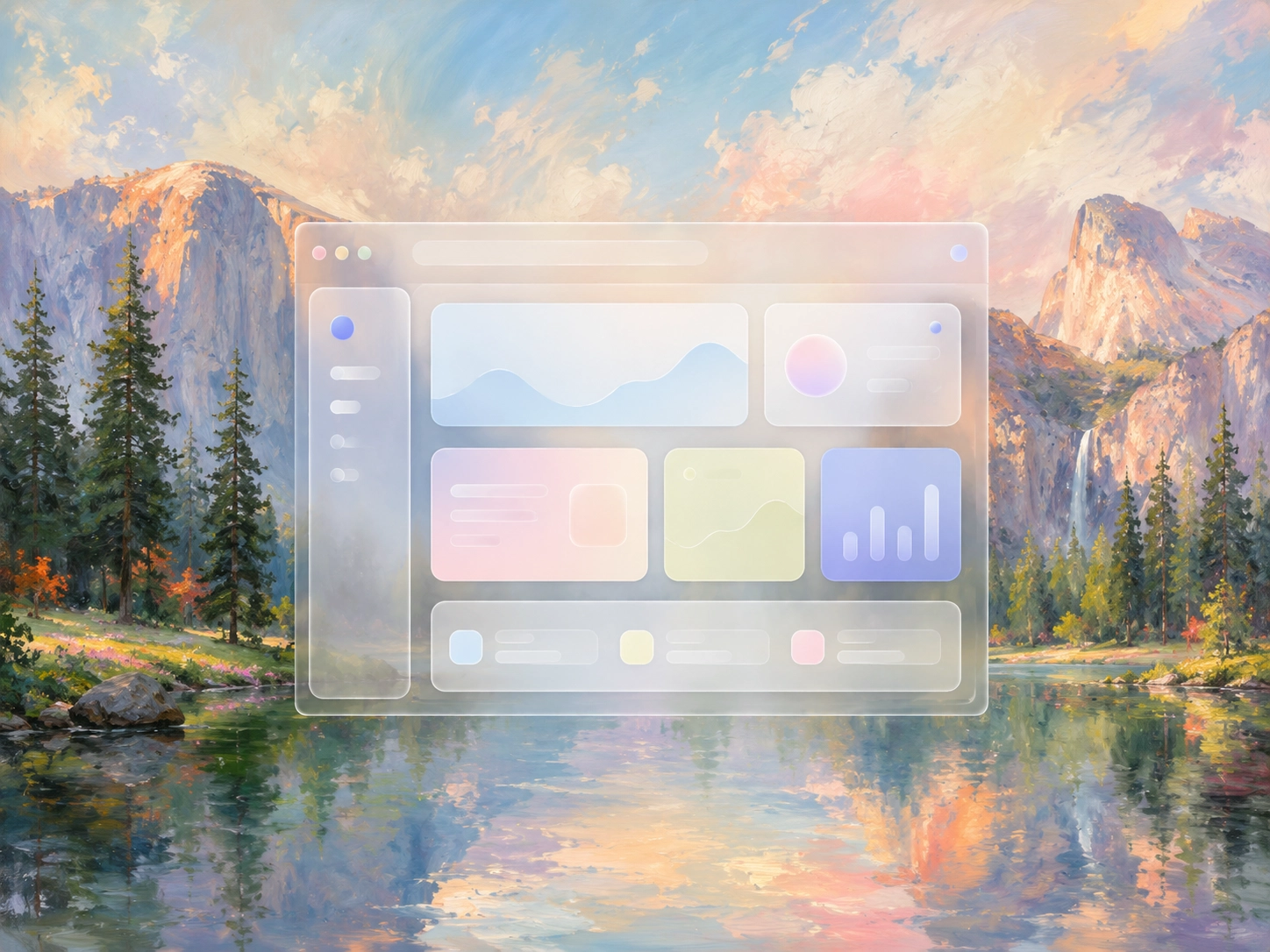 Painting of a translucent app interface floating over a mountain lake at sunrise
