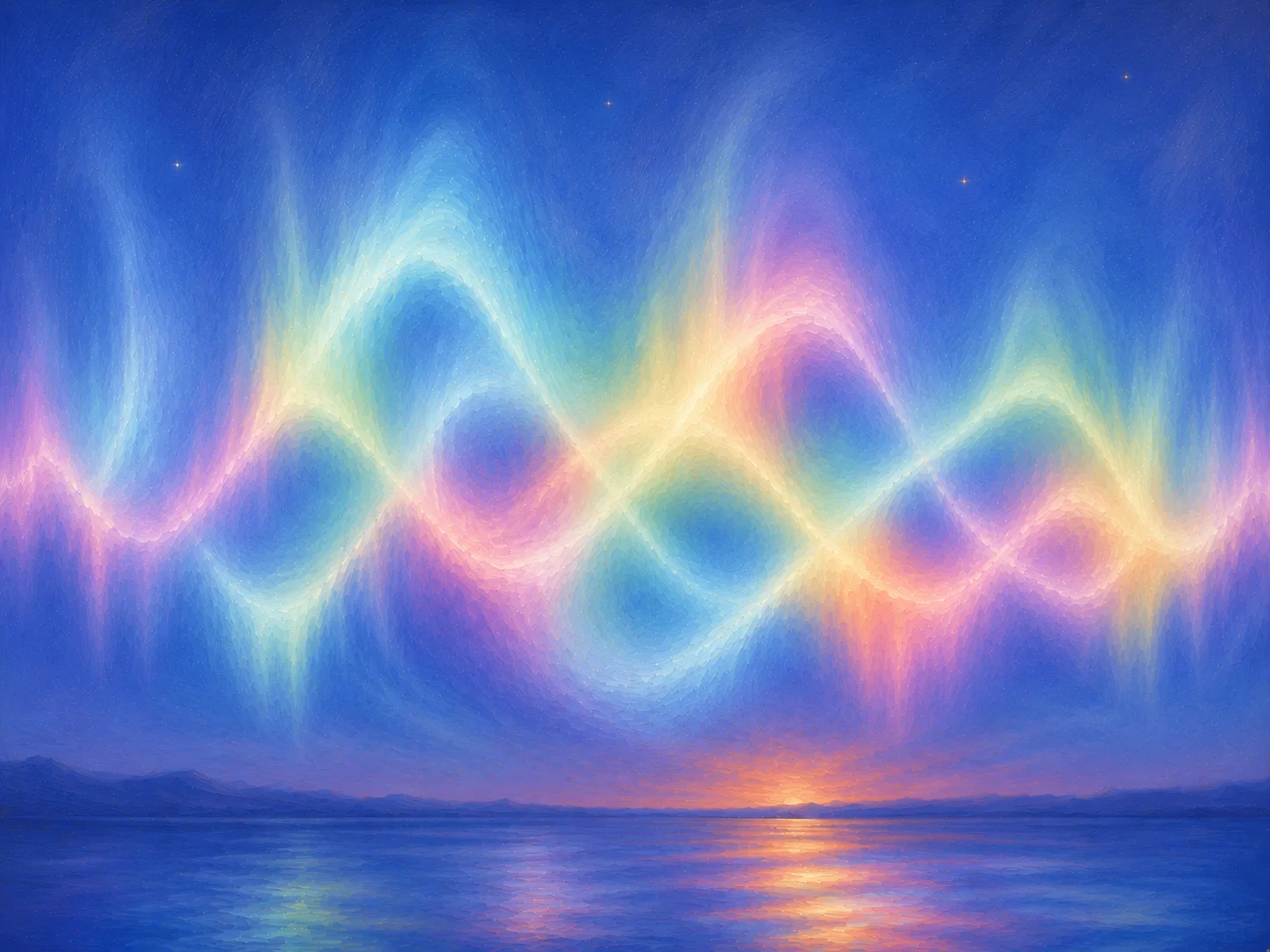 Impressionist painting of a glowing voice waveform rippling across a twilight sky above the sea